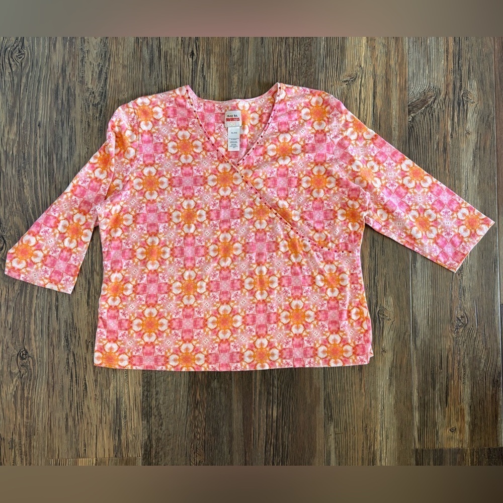 Ruby Rd Favorites Womens XL V-Neck Shirt Carnation Multi Pink Orange Rhinestones